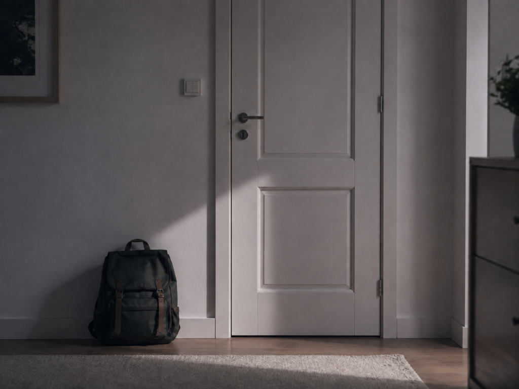Une porte de chambre fermée, cartable contre le mur