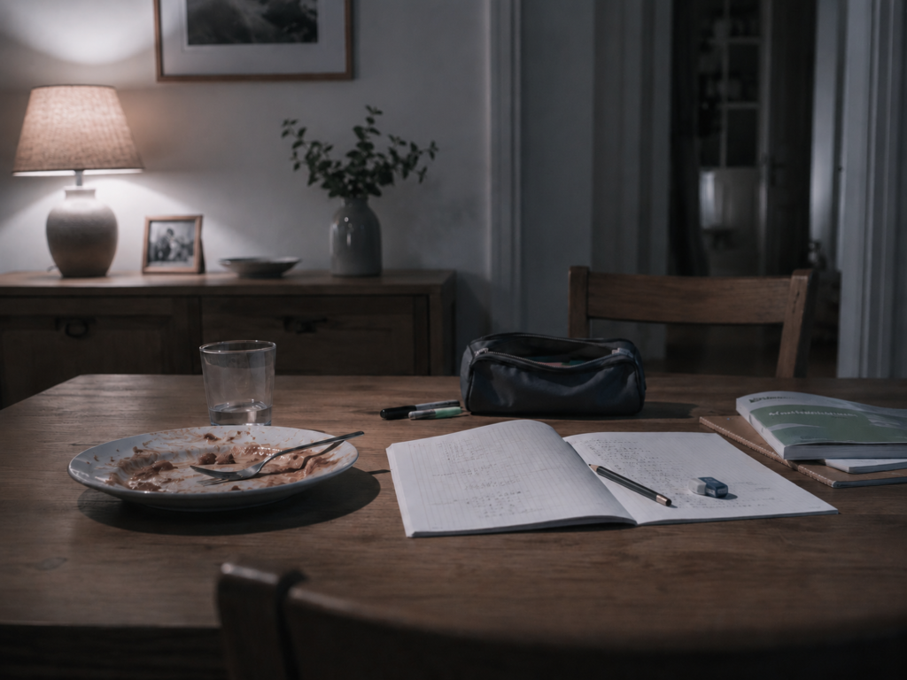 Une table du soir, assiette laissée, devoirs à moitié faits